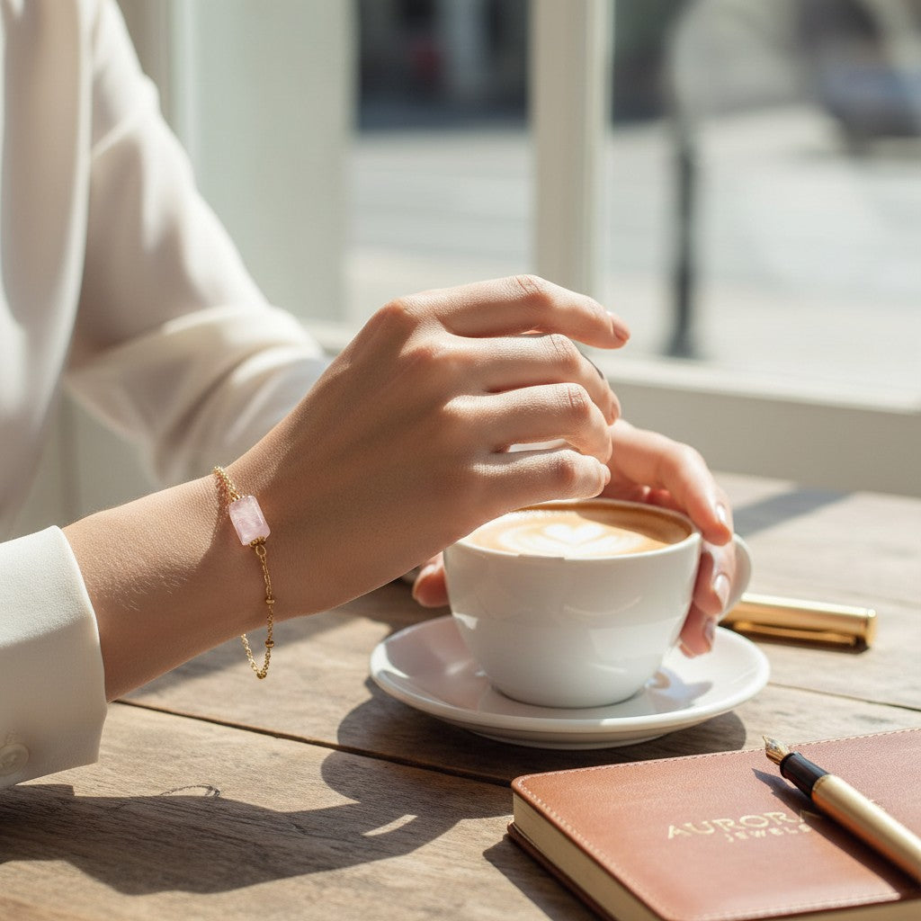 spiritualsavagee Armband mit natürlichem Rosenquarz und vergoldeten Akzenten an einem Handgelenk in einem Café