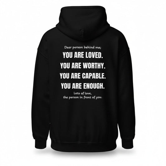 Schwarzer spiritualsavagee Unisex-Hoodie mit weißem inspirierendem Textaufdruck auf der Rückseite aus Baumwollmix.