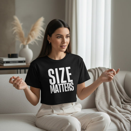 spiritualsavagee schwarzes Cropped-T-Shirt aus Baumwolle mit weißem SIZE MATTERS Schriftzug, getragen von einer Frau