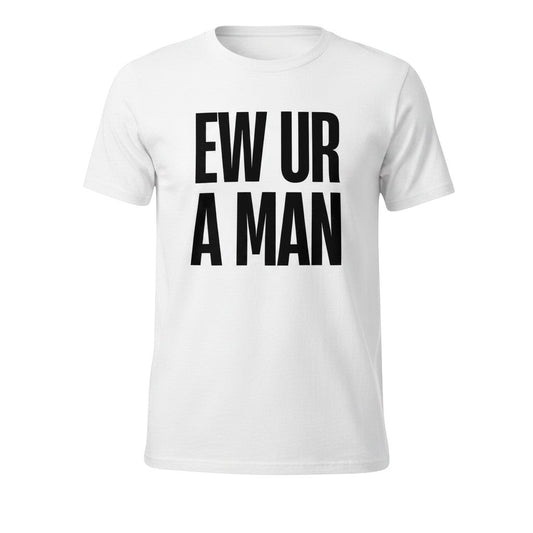 Weißes spiritualsavagee T-Shirt aus Bio-Baumwolle mit schwarzem EW UR A MAN Schriftzug und geripptem Rundhalsausschnitt