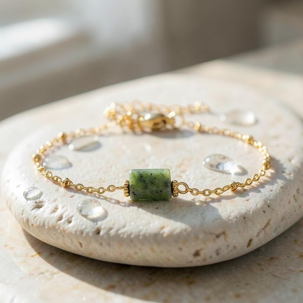 spiritualsavagee Jade Balance Armband mit grünem Naturstein und vergoldeter Kette auf einem hellen Stein