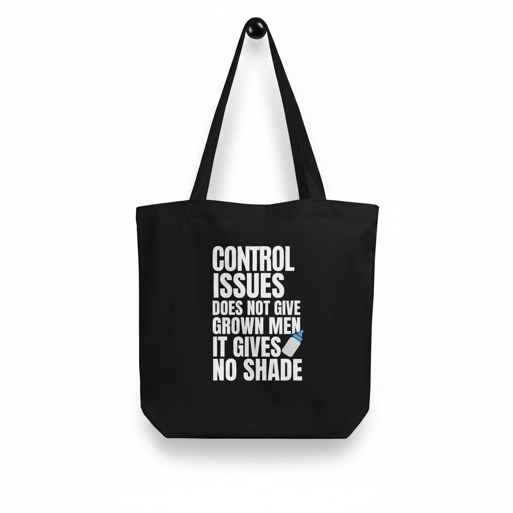 Schwarze spiritualsavagee Tragetasche aus Bio-Baumwolle mit weißem Statement-Druck und Babyflaschen-Symbol.