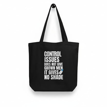 Schwarze spiritualsavagee Tragetasche aus Bio-Baumwolle mit weißem Statement-Druck und Babyflaschen-Symbol.