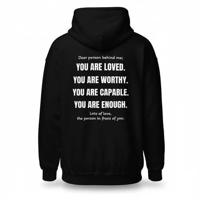 Schwarzer spiritualsavagee Unisex-Hoodie mit weißem inspirierendem Textaufdruck auf der Rückseite aus Baumwollmix.