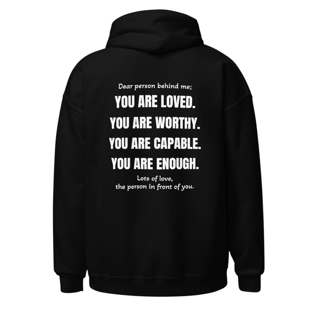 Schwarzer spiritualsavagee Unisex-Hoodie mit weißem inspirierendem Textaufdruck auf der Rückseite.