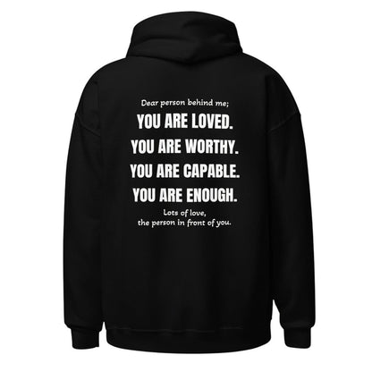 Schwarzer spiritualsavagee Unisex-Hoodie mit weißem inspirierendem Textaufdruck auf der Rückseite.