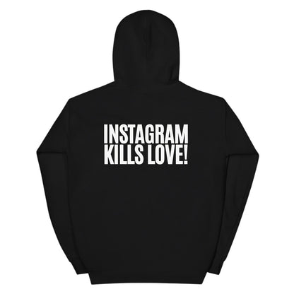 Schwarzer spiritualsavagee Unisex-Hoodie mit weißem Instagram Kills Love-Schriftzug auf der Rückseite