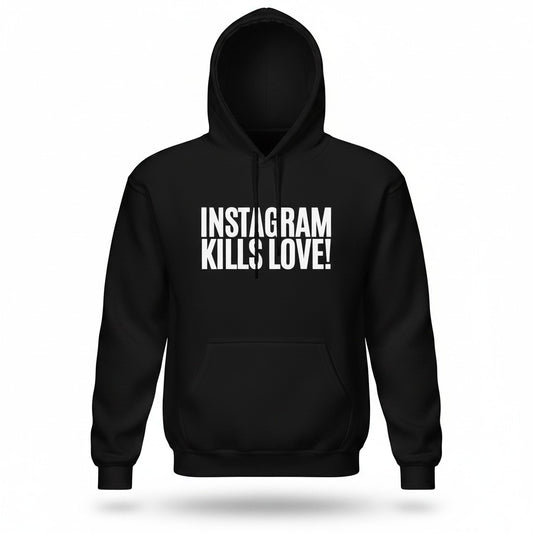 Schwarzer spiritualsavagee Unisex-Kapuzenpullover mit weißem Instagram Kills Love-Schriftzug auf der Vorderseite