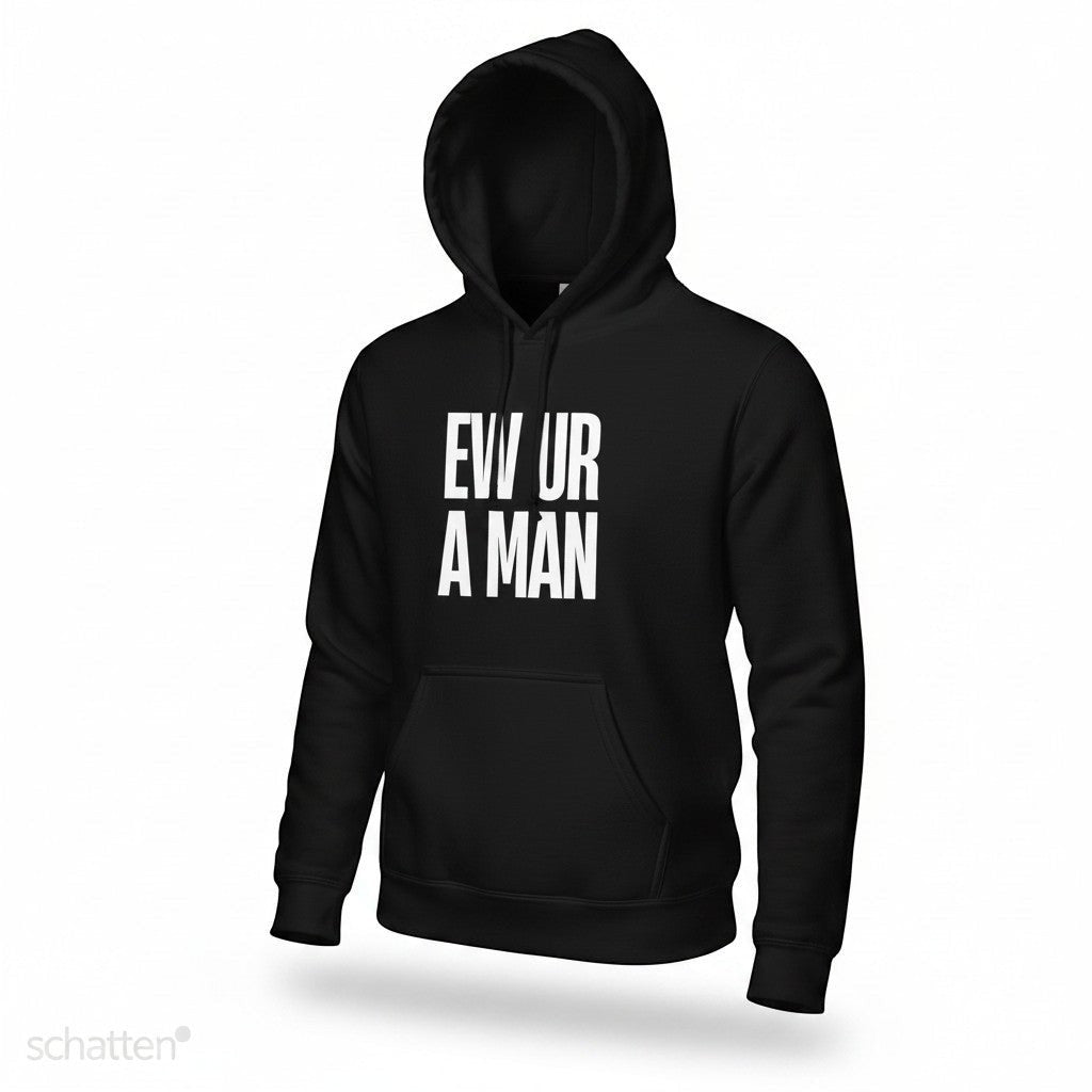 Schwarzer spiritualsavagee Unisex-Hoodie mit weissem Statement-Aufdruck EW UR A MAN und praktischer Kängurutasche.