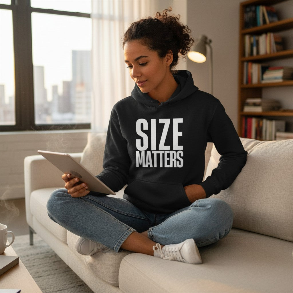 Eine Frau trägt einen schwarzen spiritualsavagee Unisex-Hoodie mit dem weißen Aufdruck SIZE MATTERS auf einem Sofa.