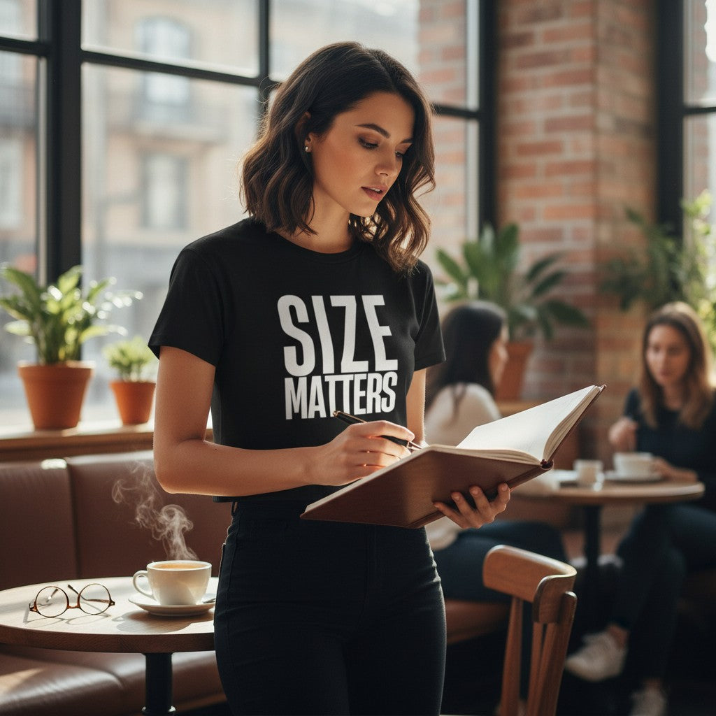 spiritualsavagee schwarzes Cropped-T-Shirt mit weißem SIZE MATTERS Schriftzug, getragen von einer Frau in einem Café.