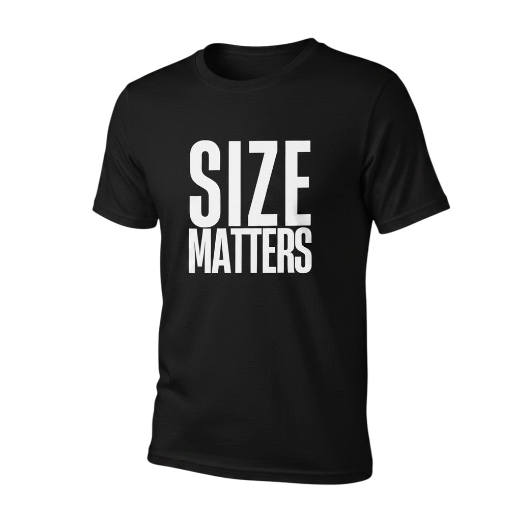Schwarzes spiritualsavagee Unisex-T-Shirt aus Baumwolle mit weißem Aufdruck Size Matters auf der Vorderseite.
