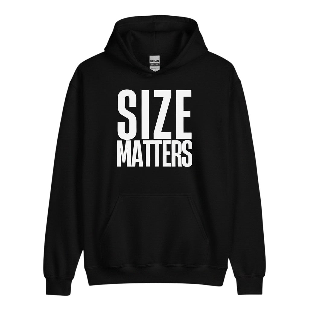 Schwarzer spiritualsavagee Unisex-Hoodie mit weißem SIZE MATTERS-Aufdruck, Kapuze und Kängurutasche aus Baumwollmix.
