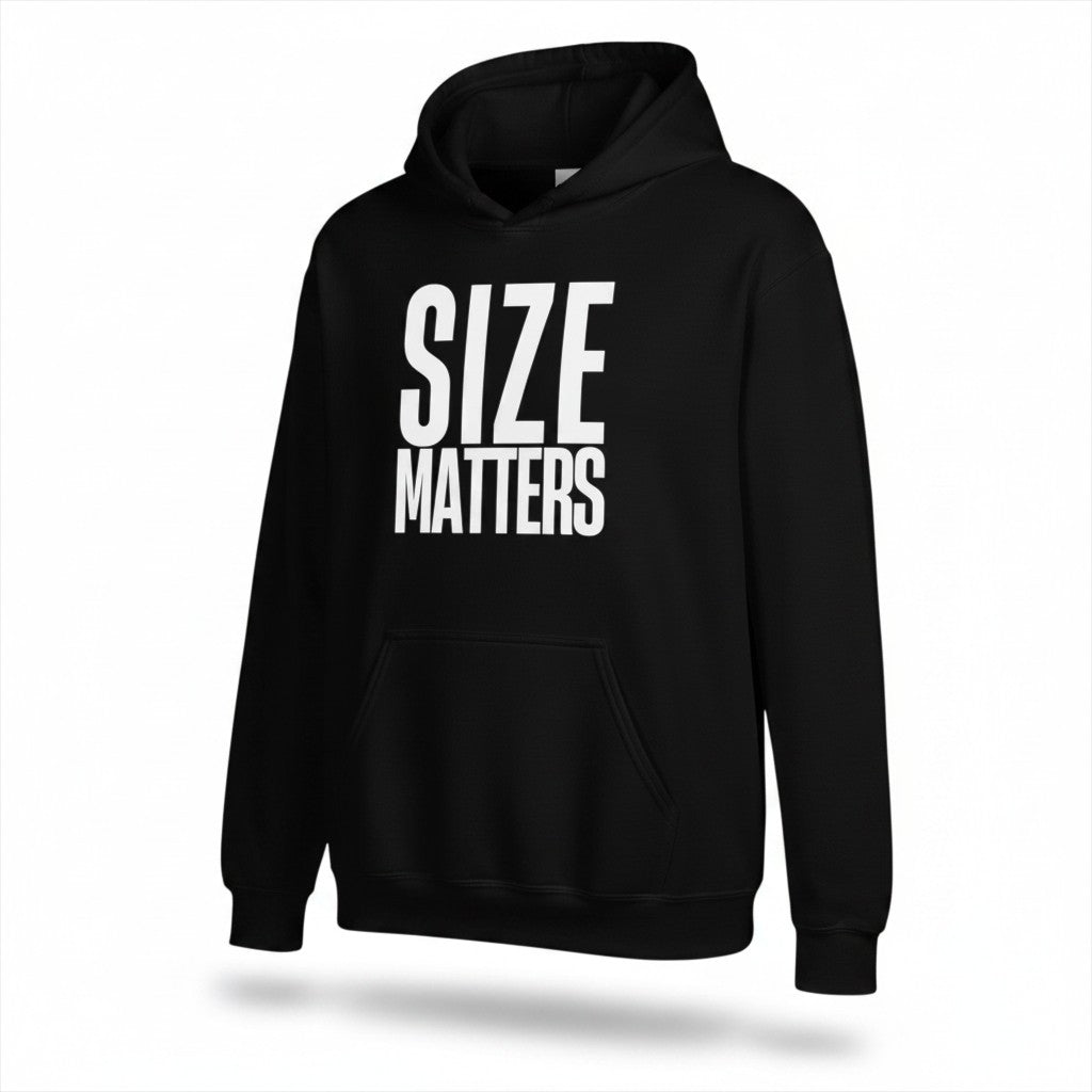 Schwarzer spiritualsavagee Unisex-Hoodie mit weißem SIZE MATTERS-Schriftzug, Kapuze und Kängurutasche aus Baumwollmix.