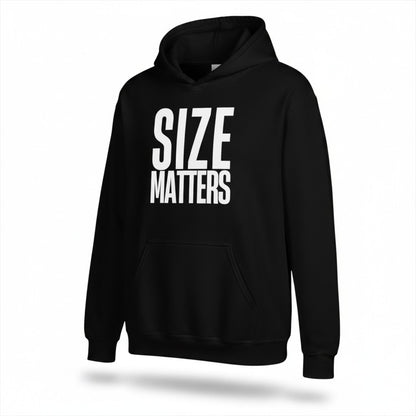 Schwarzer spiritualsavagee Unisex-Hoodie mit weißem SIZE MATTERS-Schriftzug, Kapuze und Kängurutasche aus Baumwollmix.