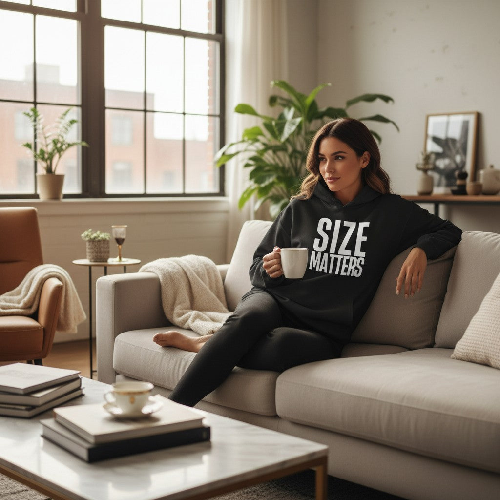 Frau auf einem Sofa in einem spiritualsavagee Unisex-Hoodie in Schwarz mit dem Aufdruck SIZE MATTERS