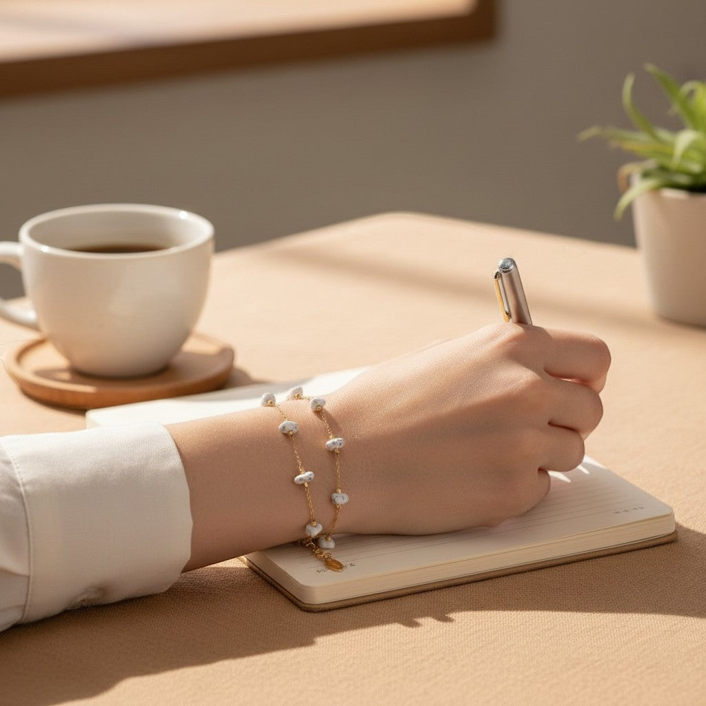 spiritualsavagee The Stillness Bracelet aus goldfarbenem Edelstahl mit weißen Natursteinen am Handgelenk beim Schreiben