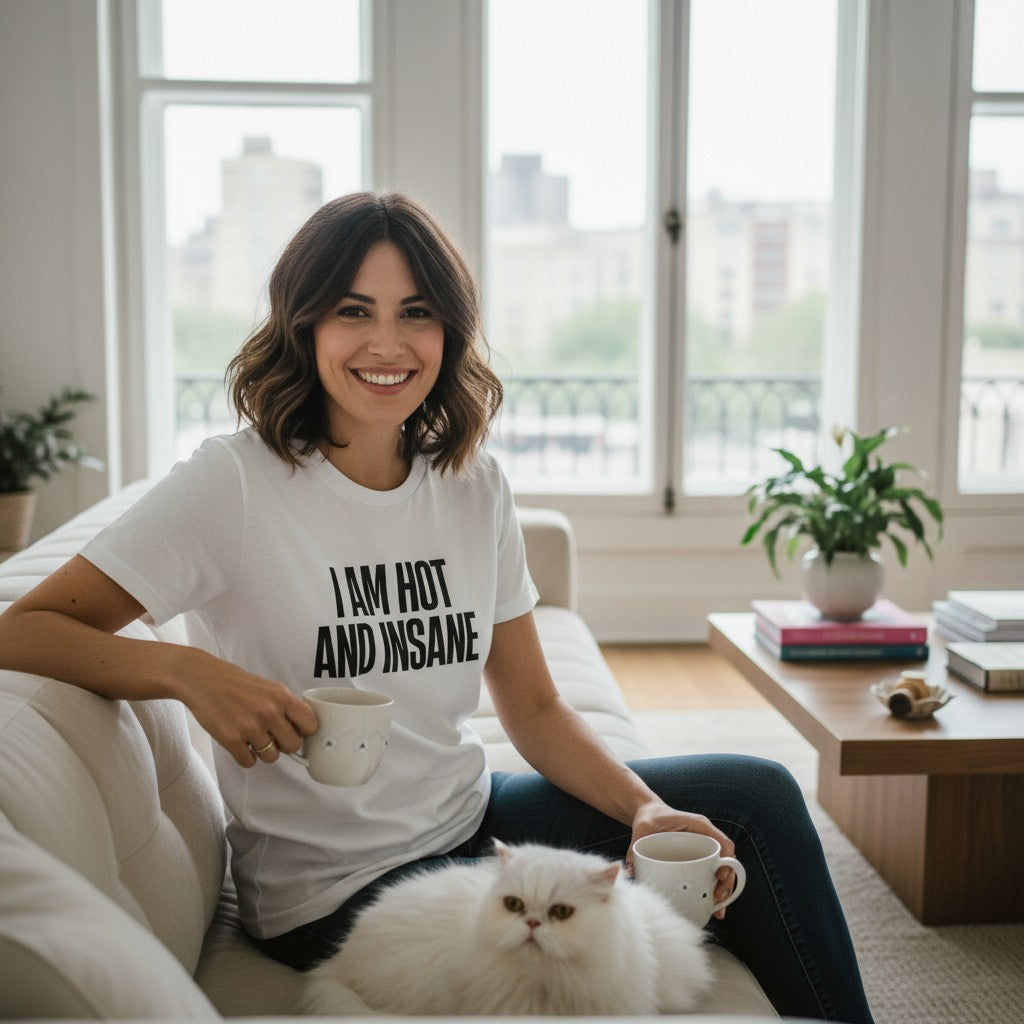 spiritualsavagee T-Shirt mit Aufdruck I AM HOT AND INSANE, getragen von einer Frau mit Katze auf einem Sofa.