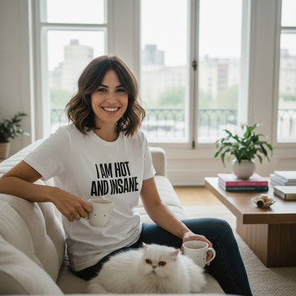 spiritualsavagee T-Shirt mit Aufdruck I AM HOT AND INSANE, getragen von einer Frau mit Katze auf einem Sofa.