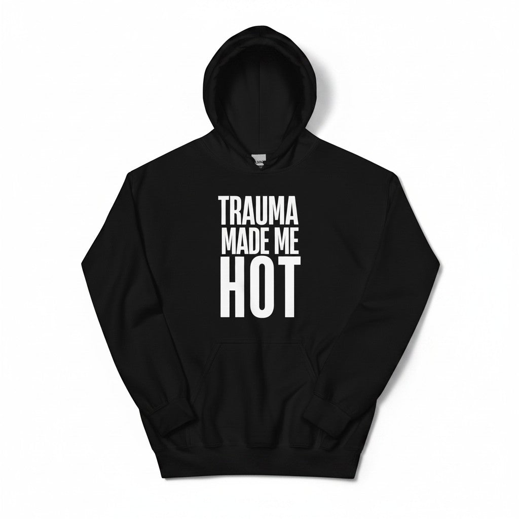 Schwarzer spiritualsavagee Unisex-Hoodie mit weissem Aufdruck Trauma Made Me Hot aus Baumwoll-Polyester-Mix