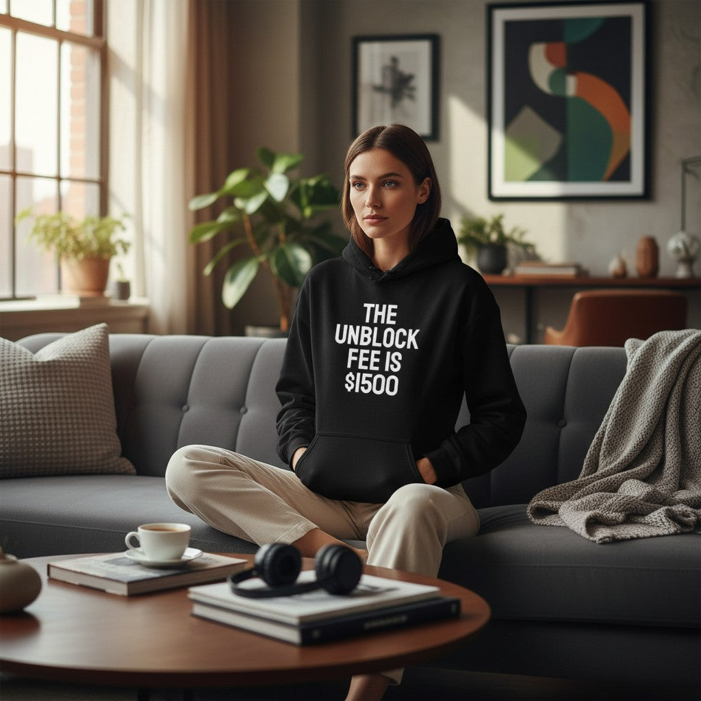 Eine Frau trägt einen schwarzen spiritualsavagee Unisex-Hoodie mit dem weißen Aufdruck THE UNBLOCK FEE IS $1500.