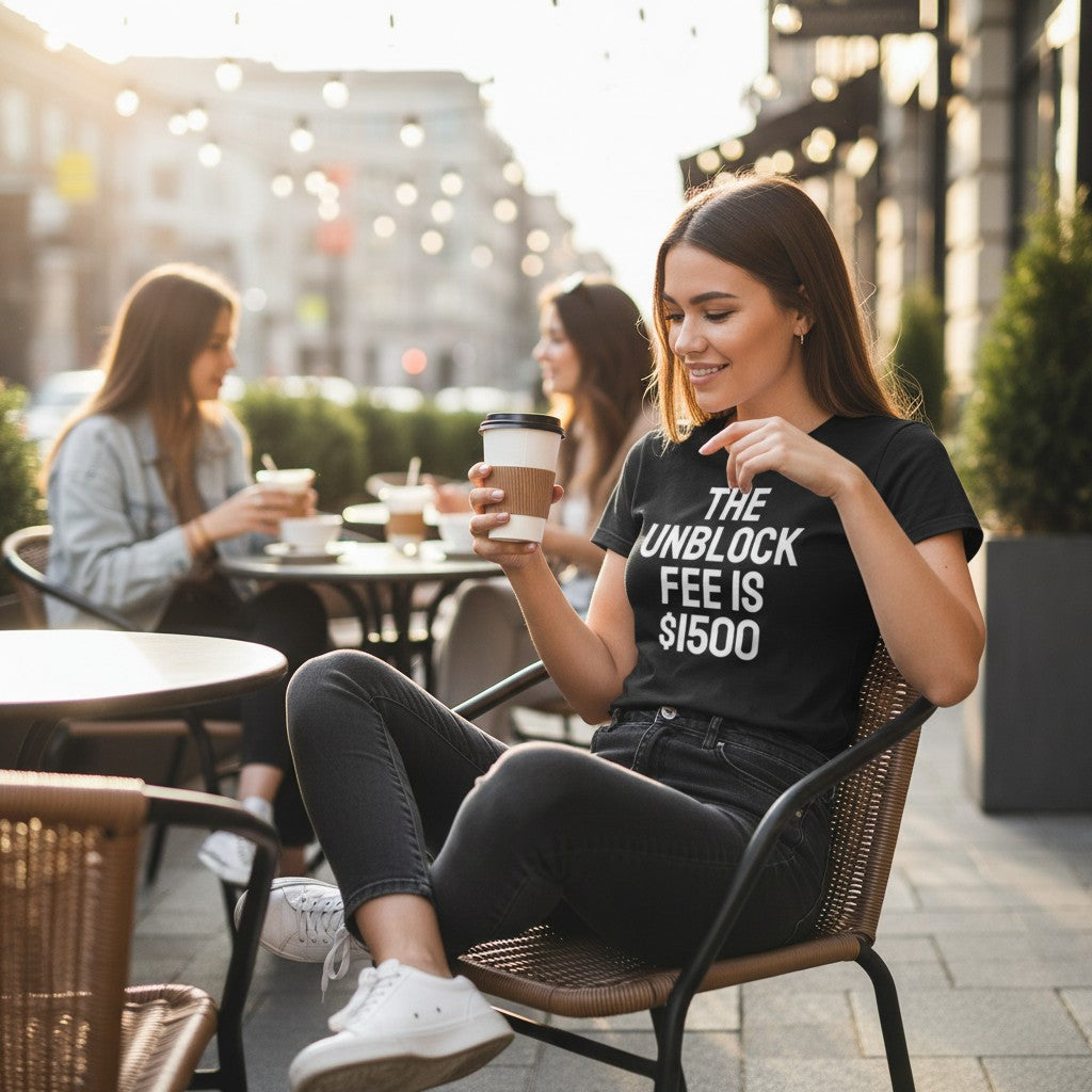 Eine Frau trägt ein schwarzes spiritualsavagee T-Shirt mit dem Aufdruck THE UNBLOCK FEE IS $1500 in einem Café.