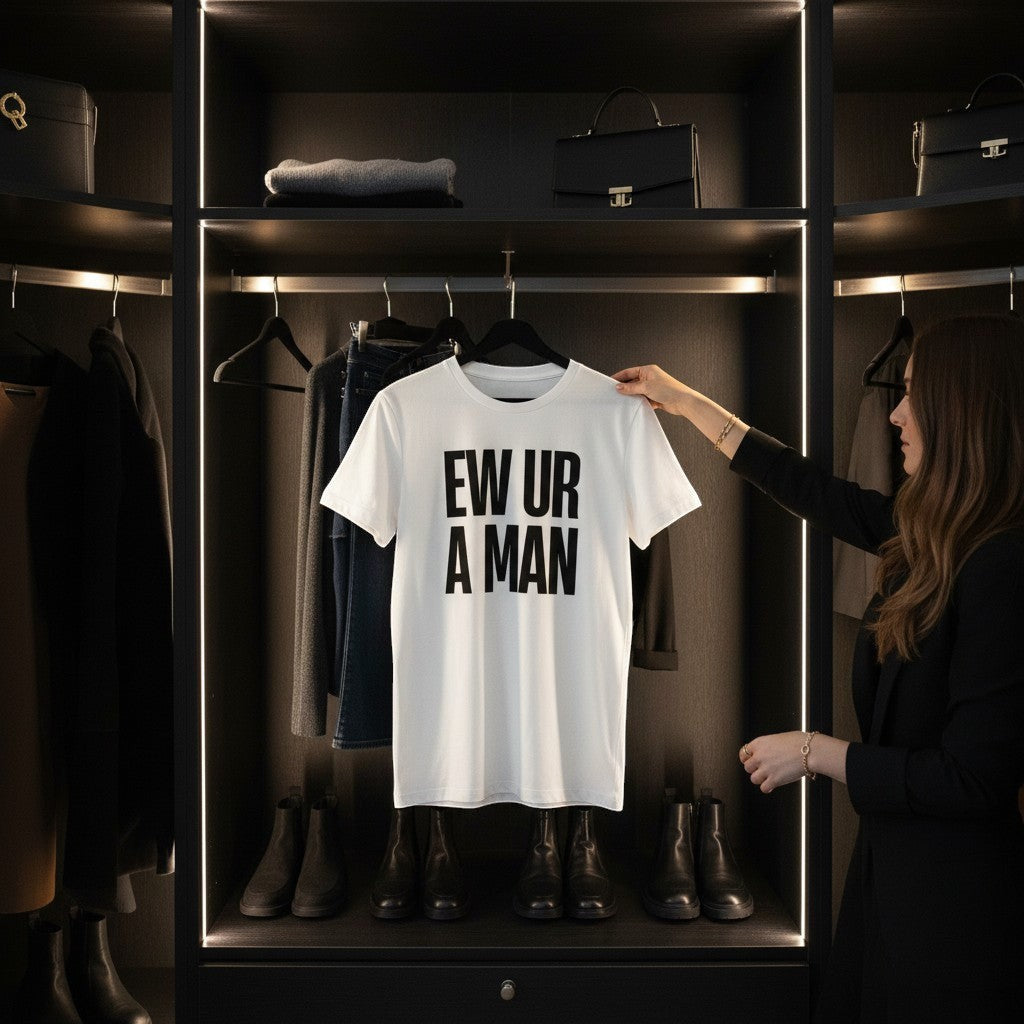 spiritualsavagee T-Shirt in Weiß aus Bio-Baumwolle mit schwarzem EW UR A MAN Statement-Print in einem begehbaren Kleiderschrank